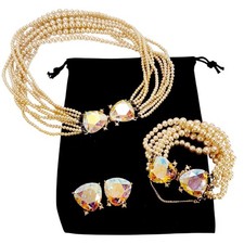 VTG Laguna Demi Parure Multi Graduated Strand Pearl Trillion AB Rhinestone Clip