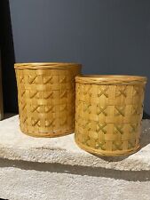 2 Vintage Natural Braided Wood Rattan Round Pot Covers