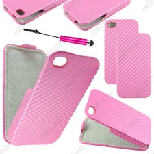 Etui Coque Housse a Rabat Rev�tement Carbone Rose  pour Iphone 4S 4+Mini Stylet
