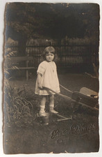 Girl wheelbarrow holder garden doll - old photo postcard RPPC, Danish Gaston