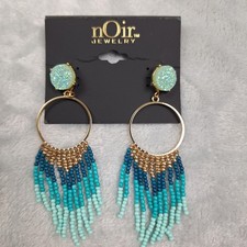 Noir Jewelry Earrings Women Gold Tone Druzy Stud Beaded Fringe Hoop Blue Teal