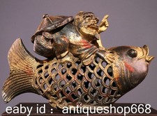 10.4 "Ancien bronze doré de la Chine vieil homme cheval poisson statue censeur