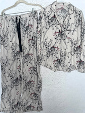 Victoria Secret Pajama Set White Flannel Christmas Deer Sz M Long Button Front