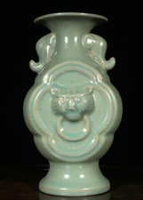 9 "chinois Ru four glaze porcelaine bête tête 2 éléphant oreille bouteille vase