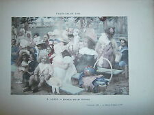 Engraving 19° 1899 color painting P. Dupuy children in front of Guignol