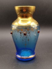 Vase Vintage en verre bleu cobalt soufflé de Murano. Décor à la feuille d'or.