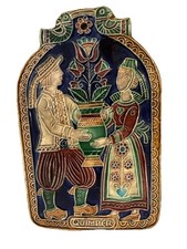Vintage Taburet Pottery Plaque Quimper Couple Birds Flowers Signed, 7” x 4 3/8”