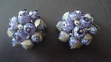 Superbe paire boucles d'oreille vintage créateur Verre de Murano mauve/feuilles.