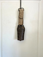 Ancien Cloche Chèvre Moutin Métal Bois & Cuir XIXème