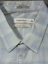 Calvin Klein Sans Repassage Dress Shirt Men L 16-16.5 Blue Plaid Cotton Body Fit