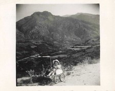 OLD SMALL PHOTOGRAPH LITTLE GIRL IN HER RUNNER/STROLLER ANTIQUE