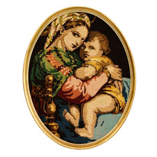 Vintage Virgin and Child Religious Tapestry Gold Gold Oval Frame H 49cm
