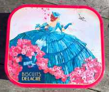 Boîte à biscuits Delacre en métal publicitaire collection Femme et oiseau