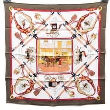 HERMES Carre 70 Palonnier Ladies Silk Scarf Beige White Yellow From Japan
