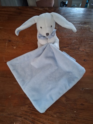 Doudou lapin blanc bleu - bleu, noeud