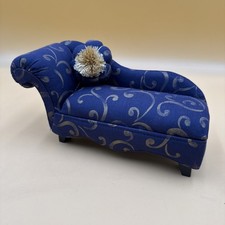 Vtg 10” Chaise Lounge Pin CushionChair Blue W/ Gold Scrolls W/ Pillow Notions