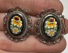 Vintage Italien Micro Mosaïque Main Verre Jaune Fleur Rose Pince Boucles