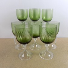 8 Nason Moretti Murano Glass Wine Goblets Green Swirl Pattern Signed 6-1/8" Tall