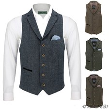 Neuf Hommes Mélange Laine Tweed Chevron Col Vintage Gilet Coupe Ajustée Gilet