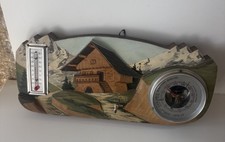 tableau chalet de montagne sculpté en relief bois Thermomètre Baromètre Vintage