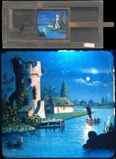 PLAQUE à système  1870 - BATEAUX ET TOUR EN RUINES / lanterne magique