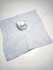 Doudou Plat Carré Lange Chat Bleu Clair Moustaches Nez Noir - Monoprix Bout'chou