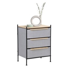 Commode 3 tiroirs en tissu gris plateau MDF armoire de rangement aspect chêne