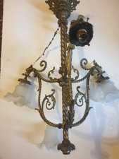 Lustre ancien tulipier en bronze laiton à décors de chimières