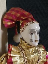 Vintage Collectible Harlequin Clown Doll - Porcelain & Silk Gold/Pink