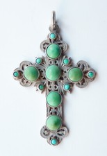 Croix normande  argent massif + turquoise 19e s bijou régional silver cross cruz