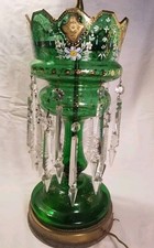 Antique Bohemian Emerald Green & Gold Glass Mantle Luster w Crystal Drops