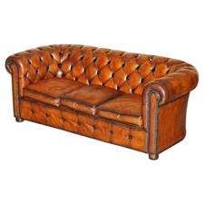1930'S HAND DYED RESTORED WHISKEY BROWN LEATHER CHESTERFIELD TUFTED CLUB SOFA