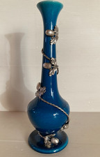 Vase céramique bleu craquelé  frise chêne gland métal argenté début XX longévité