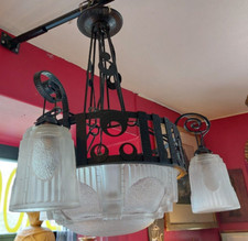 Lustre Art Déco Muller Frères Lunéville Fer Forgé 4 Feux Verre Signé