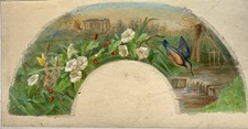 Grand Et Ancien Projet D’éventail Aquarelle Scène Bucolique Oiseau Et Fleurs