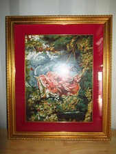 VINTAGE PAINTING TAPESTRY CANVAS LADY WITH SWING-GILDED WOODEN FRAME