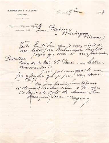 Facture 1913 chaigneau - , h.