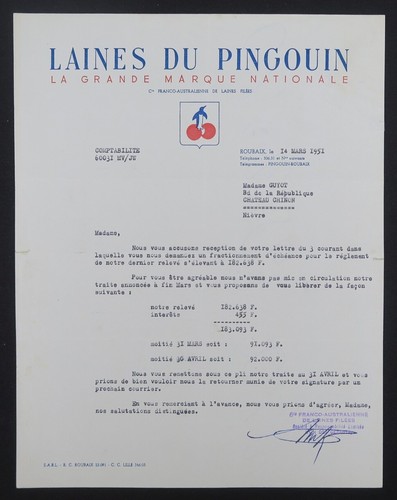 Facture roubaix 1951 laine - facture, du