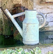 OLD TINPLATE WATERING CAN GALVA ZINC PATINATED GREEN CELADON GARDEN DECO