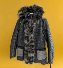 MDF MARCO DEL FORTE Womens Black Gray Wool Leather Bomber Fur Jacket Coat Hooded