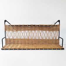 VINTAGE 1950S RATTAN & STEEL ROCKABILLY CAT EARS WALL SHELF 50S