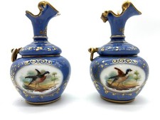 Pair of antique blue porcelain vases birds gilding Sèvres style 19th century