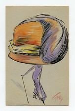 Geo illustrator. Antique Watercolor Postcard. Fashion.Hat. Surrealism