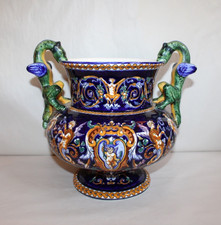 Medici pot cover in earthenware by Gien, blue Italian Renaissance decor, h. 26.5cm