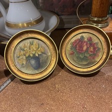 2 Antique Still Life Paintings Medallion Bouquet of Flowers circa 1940