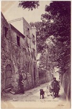 Old postcard Paris Montmartre Rue SAINT-VINCENT guitarist musician man & dog trolley