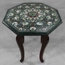 Table En Marbre Vert De 18" En Pierres Précieuses Semies Avec Support En Bois