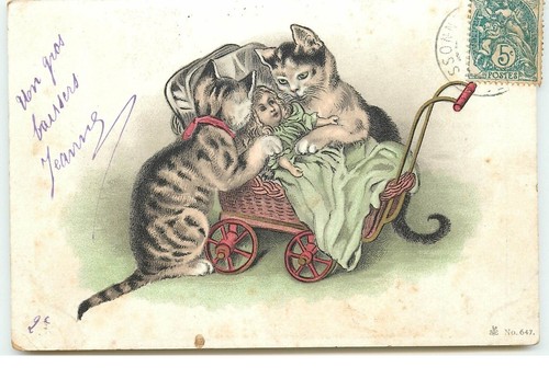Chats calinant une poupée