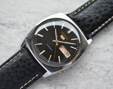 October 1981 Vintage Seiko Watch 6309 Automatic Leather Black Dial Day Date
