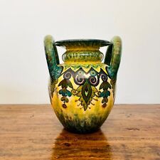 Sublime Vase Henriot Quimper signé Paul Fouillen avec anses jaune et vert 1940